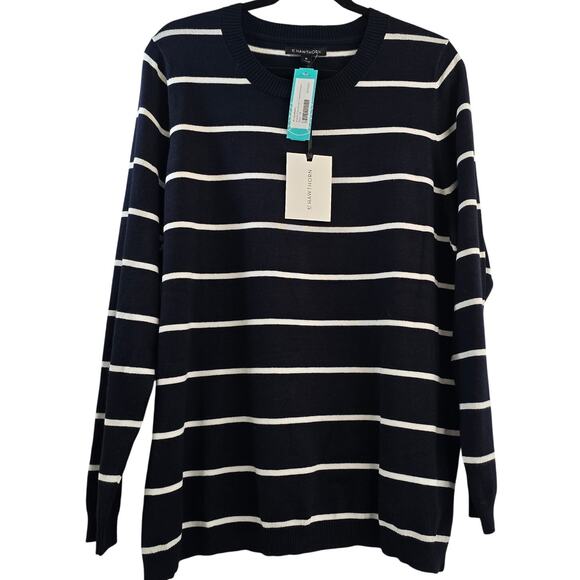 Women's Navy White Stripe Sweater Plus 1X Minimalist Soft Cozy Winter Layering - Picture 1 of 7